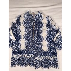 Chicos Embroidered Linen Cotton Jacket Blue White Studded Scalloped Size 3 L XL